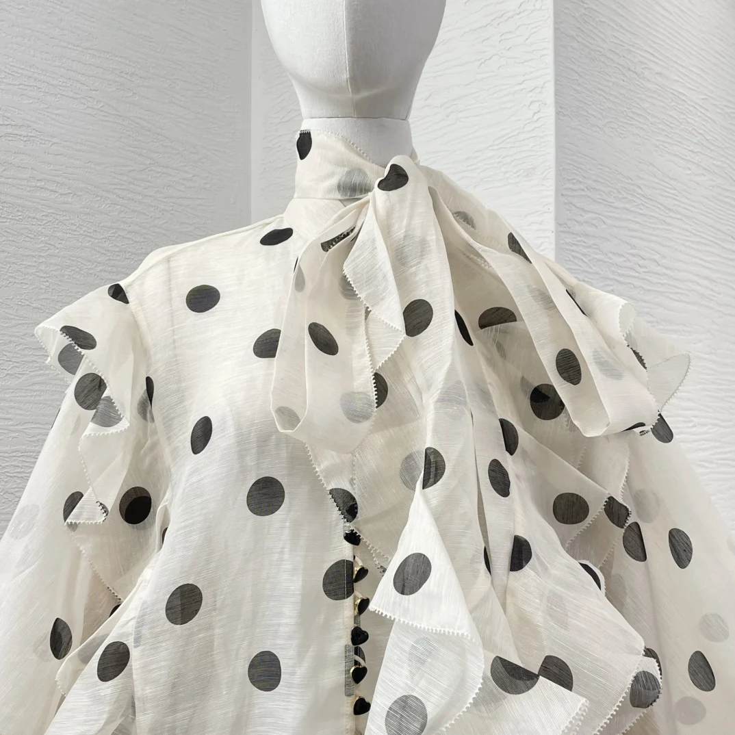 

High Quality White Dot Print Long Sleeve Ruffles Blouse Top for Women