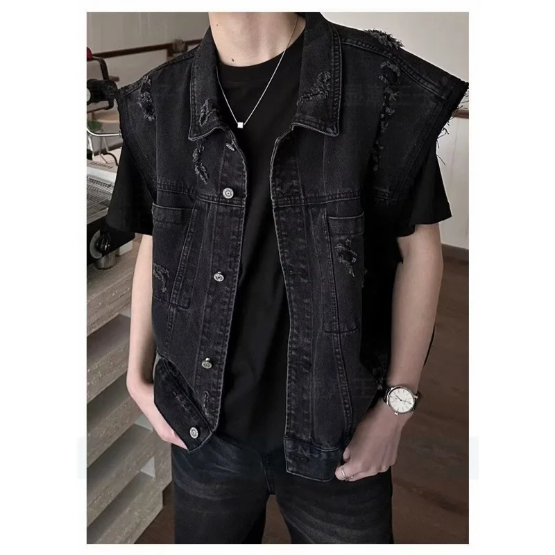 가을 미국 레트로 디스트레스드 베스트 남성 디자인 트렌드 루즈 슬리브리스 탑