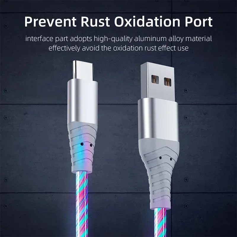 تدفق مضيئة USB نوع C كابل 3A شحن سريع بيانات الحبل لسامسونج Xiaomi ممن لهم هواوي آيفون شاحن مايكرو USB سلك LED كابل