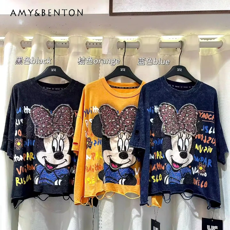 

2026 Spring New Style Heavy Wash Cartoon Loose Short Sleeves T-shirt For Women's Y2k Clothes Beautiful Crew Neck Tshirt 3 Colors
