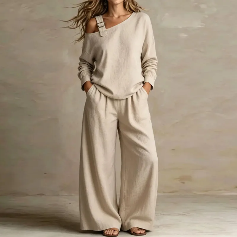 Solid Slanted One Shoulder 2 Piece Suits Women Adjustable Buckle Strap Long Sleeve Wide Leg Pant Sets Chic Travel Holiday Outfit
