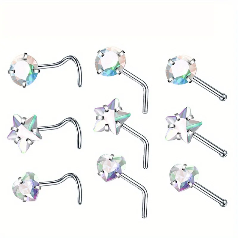 3Pcs Stainless Steel Nose Studs Round Heart Star Cubic Zirconia L Shape Nose Rings Nostril Piercing Jewelry For Woman