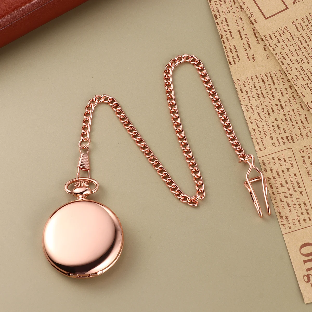1pc Retro Pocket Watch Rose Gold Smooth Alloy Vintage Design Long Chain For Neck Fashion Accessory