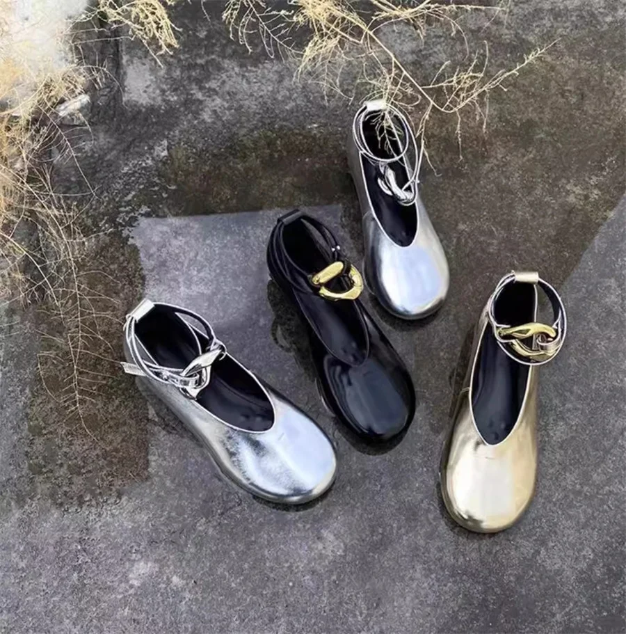 Silver Women Ballet Flats Ankle Straps Height Increasing Mary Janes Ladies Metal Ring Decor Flat Shoes Round Toe Casual Loafers