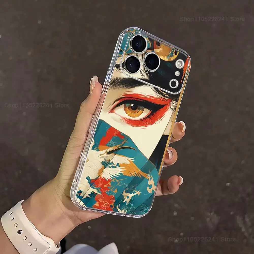 Etui na iPhone'a 16, 13, 12, 11, 17, 14, 15, Pro, Max, Plus, X, XS, XR, SE, Mini z przezroczystego, miękkiego silikonu z motywem gejszy, japońskiej sztuki.