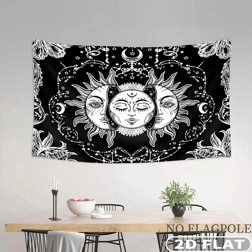 1pc 2D FLAT Hanging Banner Single Side 2D FLAT Printing Sun Moon Stars Flowers Flag Banner, Durable Polyester for Home Decor