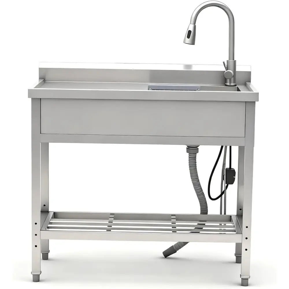 

39" Commercial Stainless Steel Kitchen Sink Station, Wall-Mounted Design with Adjustable Shelf, Pull-Down Faucet, Industrial Gra