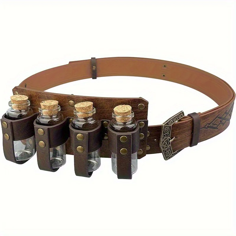 2PCS Medieval Retro Costume Accessories PU Leather Patterned Belt with Magic Cork Potion Bottle Renaissance Prop for Halloween Party Cosplay