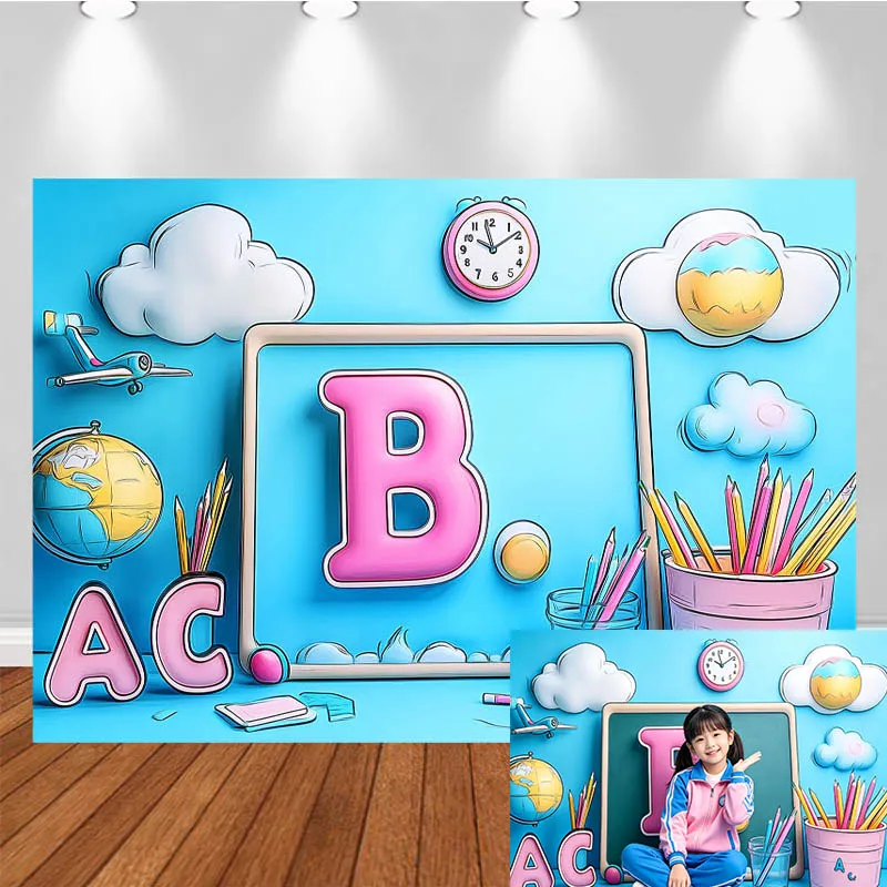 LS School Themed Photography Backdrop Cartoon Kindergarten Alarm Clock Pencil Decor Party Kids Portrait Photo Background Studio