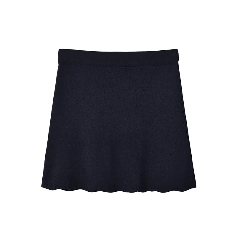 Fashion Women Solid Navy Blue A-line Skirt High Waist Scallop Edge Knit Mini Skirt Daily Wear