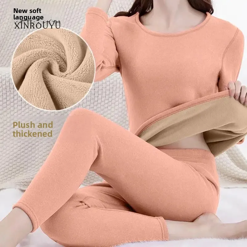 

Осень-зима, утепленный флисовый женский комплект термобелья для сна, теплая уютная облегающая домашняя одежда, брюки и топ, длинные кальсоны