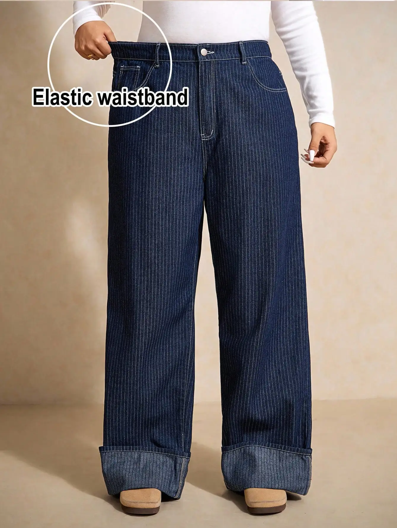 

Женские джинсы с высокой талией, широкими штанинами, в полоску, с эластичным поясом и отворотами на манжетах