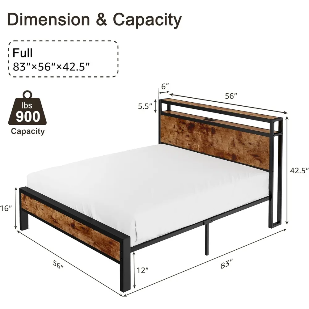 Full Bed Frame, with 2-Tier Storage Headboard and Charging Station/No Box Spring Needed/Noise Free, Easy To Assemble, Bed Frames