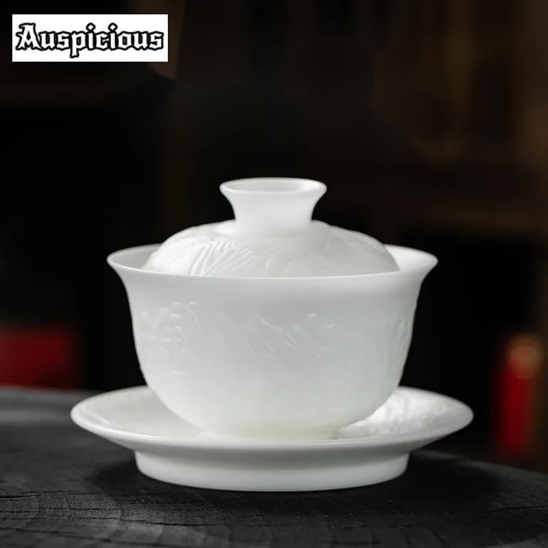 200ml Boutique Ice Seed Jade Porcelain Gaiwan Handmade Relief Carving Landscape Tea Tureen Tea Maker Cover Bowl Drinkware Craft