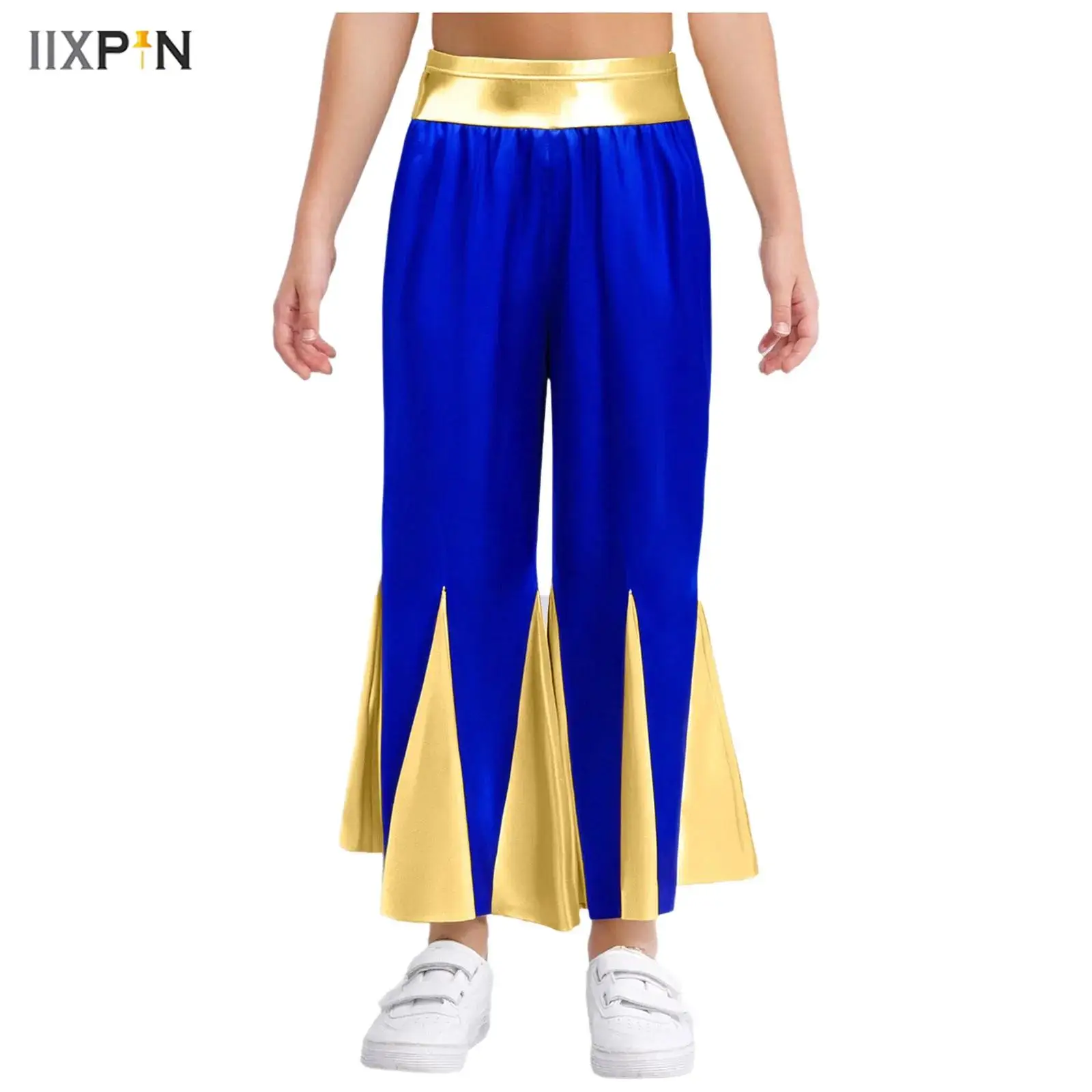 

Kids Girls Liturgical Worship Lyrical Dance Pants Choir Church Performance Costume Metallic Color Block Bell-Bottomed Pants