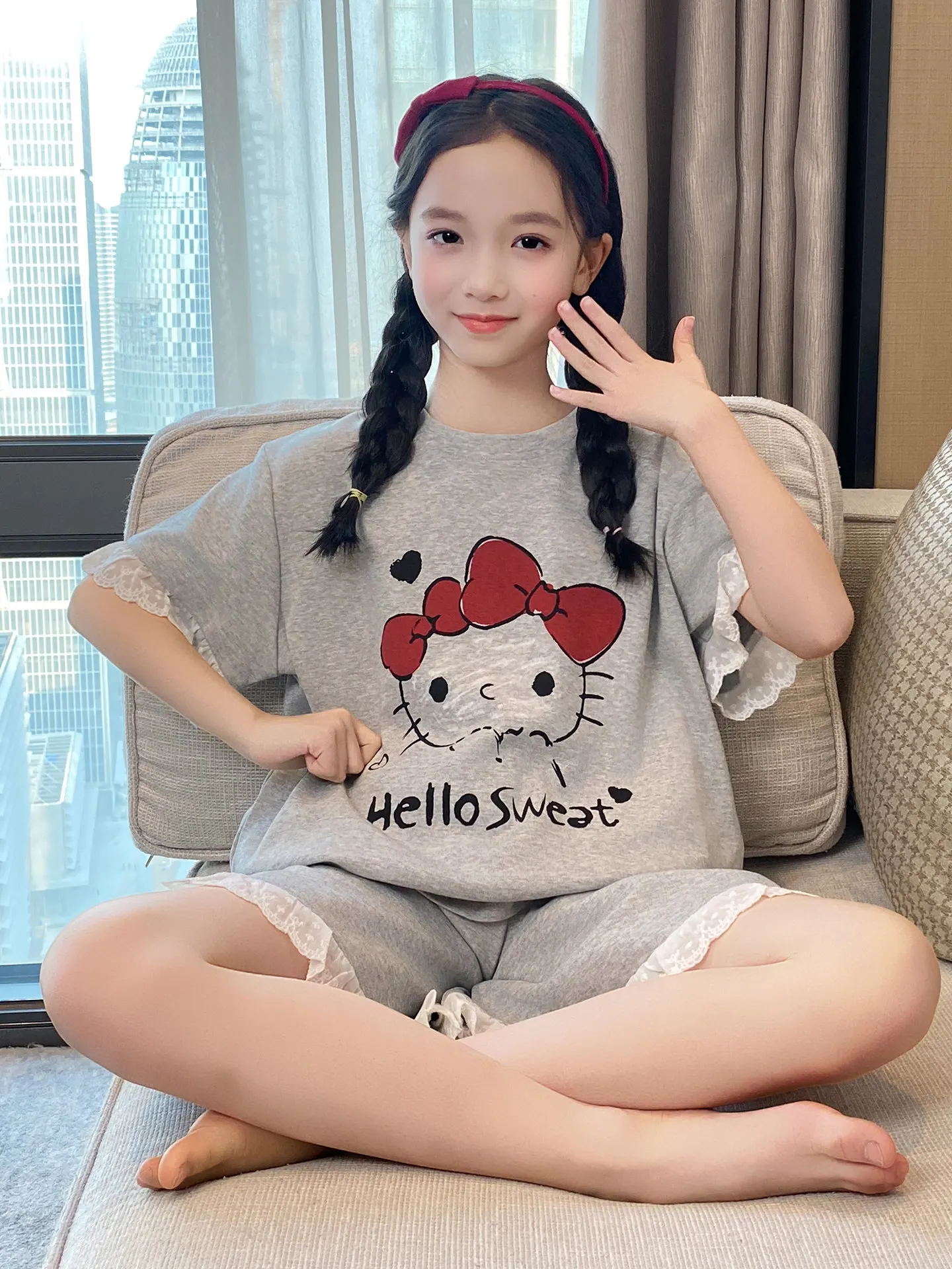 hodo-女の子用寝間着夏軽量半袖純綿快適なホーム服漫画かわいいスタイルラウンドネックプルオーバー