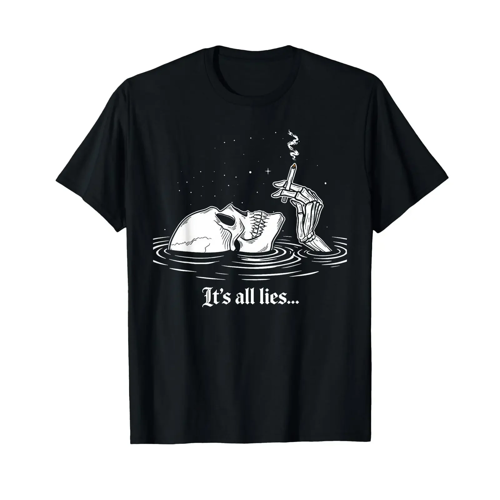 It's All Lies Funny Skeleton Smoking Dark Aesthetic T Shirt vintage Washed Casual Unisex streetwear homme Top For Everyday Wear