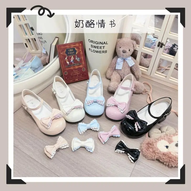 Cos Cheese Love Letter Academy Original Lolita Shoes Cute Round Toe Bow Lo Shoes Middle Heel Sweet Loli Tea Party Single Shoes