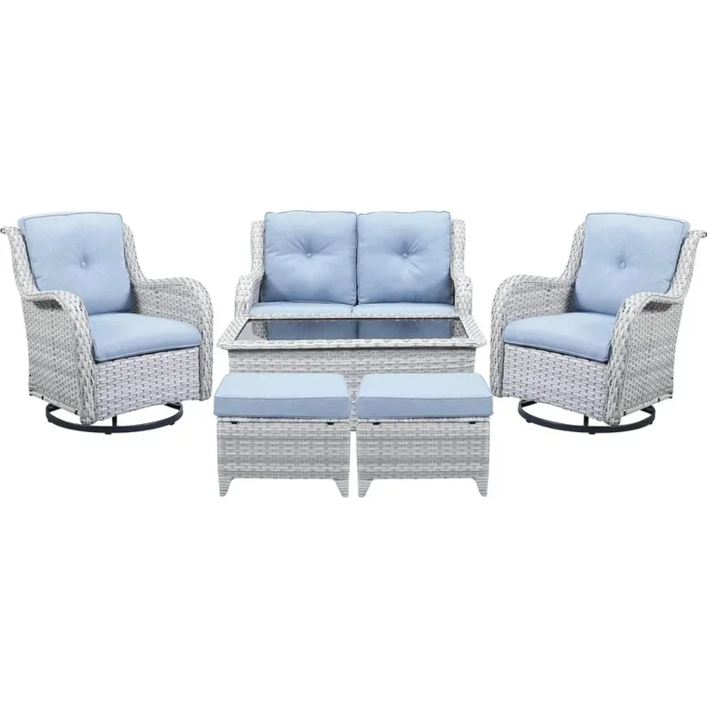 3-Piece Wicker Patio Furniture Set with Swivel Rocker Chairs, Loveseat Sofa, Ottomans, and Coffee Table in Baby Blue Cushions