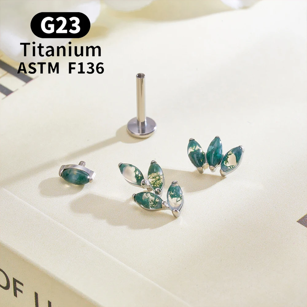ASTM F136 Titanium 16G Leaf Stud Earring Natural Moss Agate Marquise Lip Stud Helix Conch Tragus Cartilage Piercing Body Jewelry