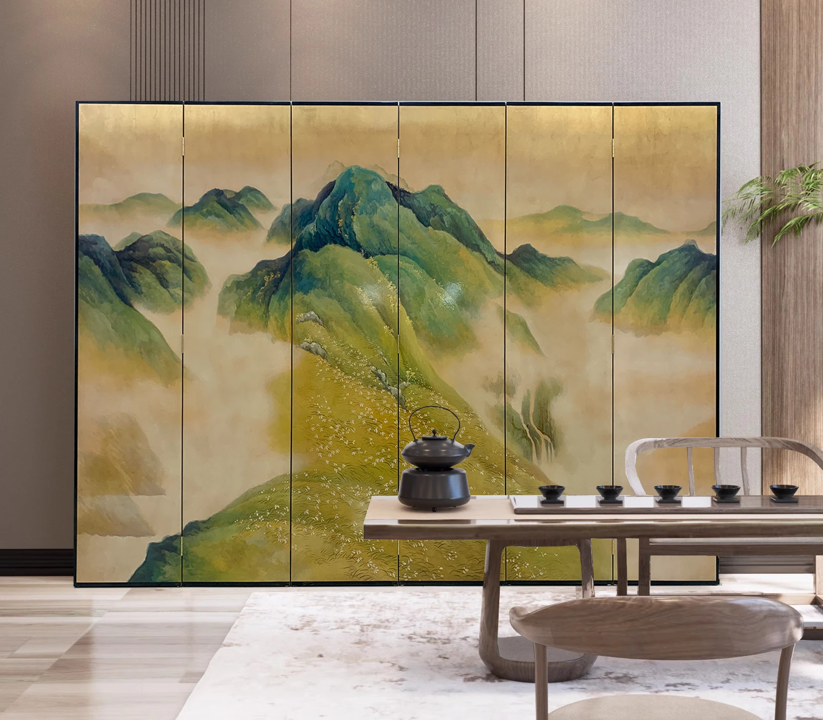 Movable Folding Screen With Gold Foil Hand-Painted Landscape Suitable for Indoor Background Partitioning