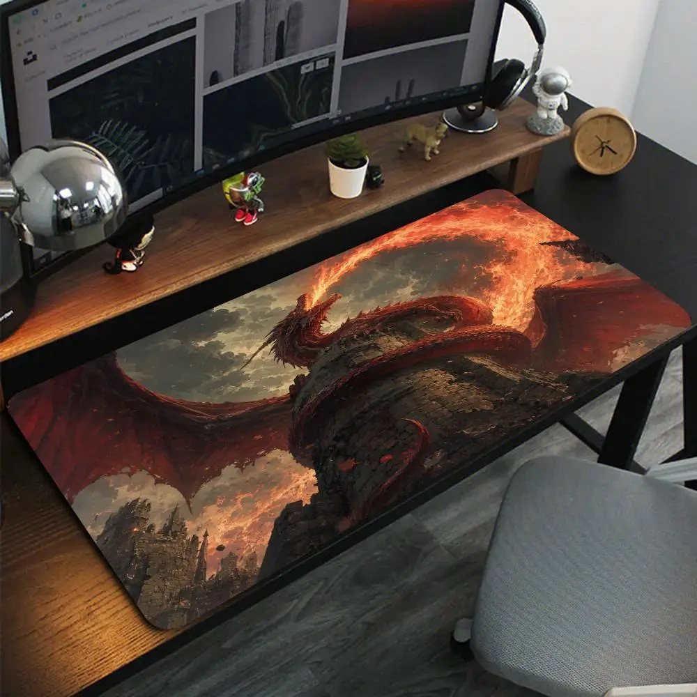 Myth Red Fire Dragon Ruined Castle Dark Fantasy Scene Print Large Anti-Slip Keyboard Desk Mat for Game & Office