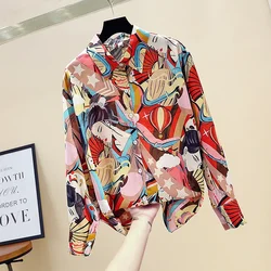 Spring Autumn Women's Blouse New Retro Wild Loose Printed Long-sleeved Top Turn-down Collar Top Female Blouses HH546