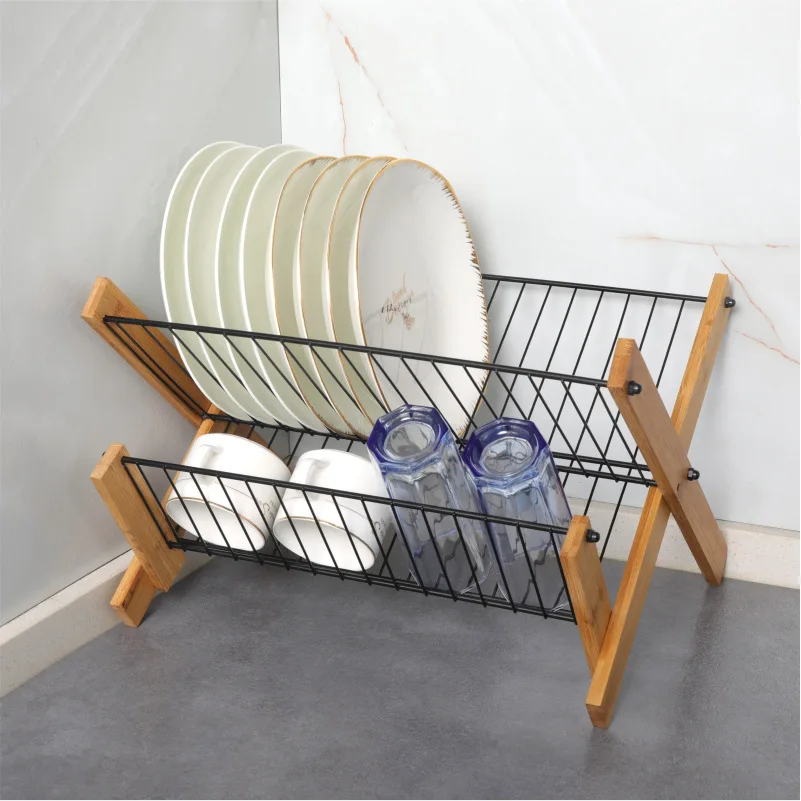 Holders Kitchen Shelving Tableware Storage Drain Bowl Holder Drain Holder Japanese Style Bamboo Folding Dish Rack Metal Shelving