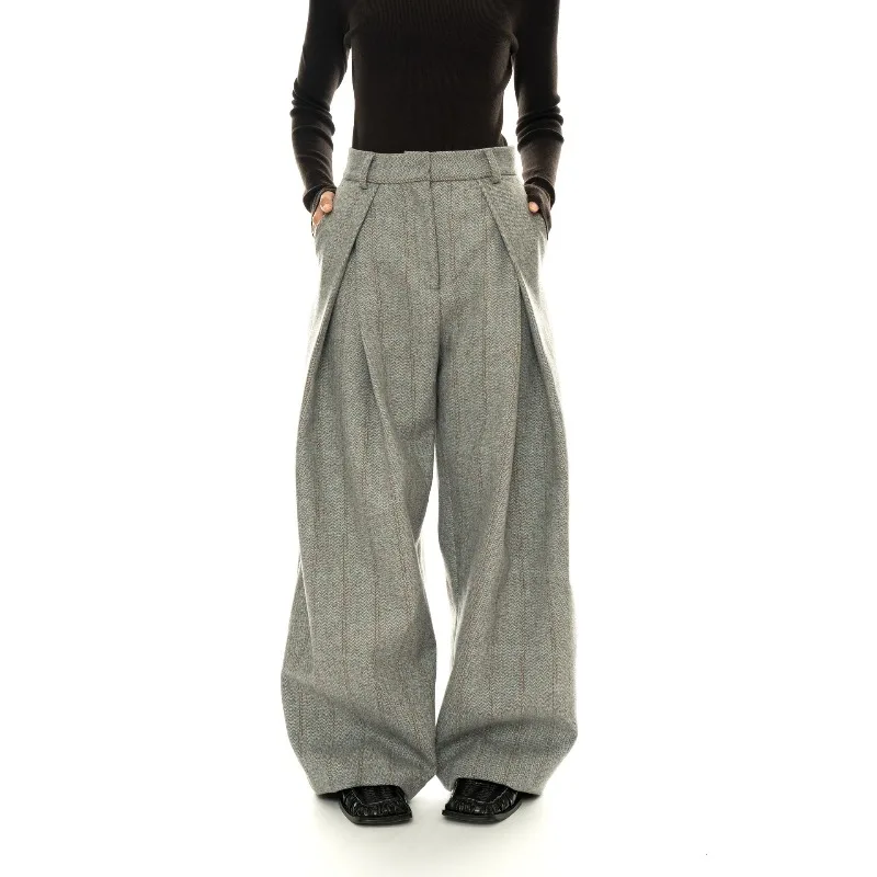 2026 Autumn New French Retro Herringbone Wool Blend Suit Pants Women Winter Thick Warm High Waisted Casual Loose Wide Leg Pants