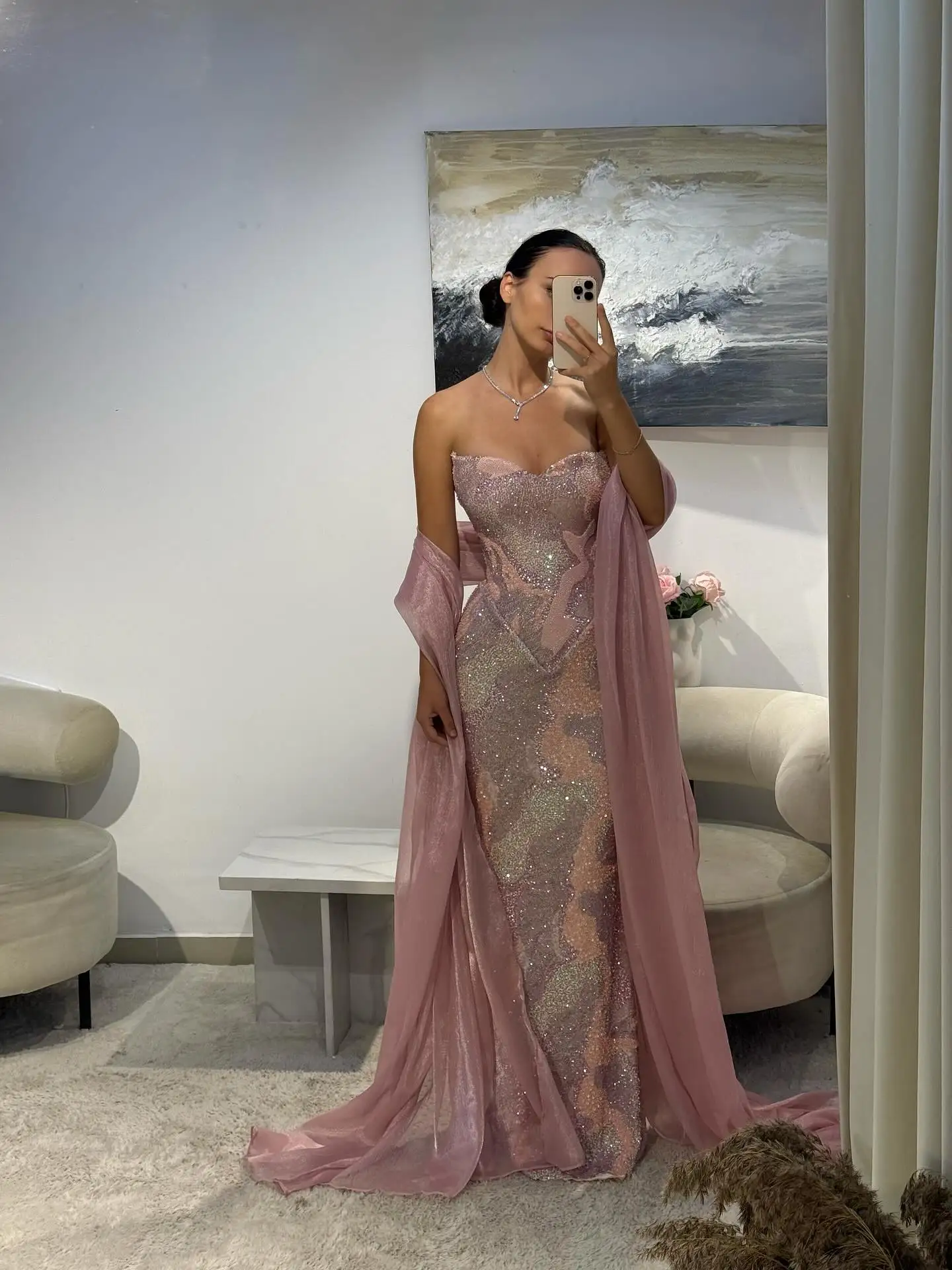 Vestido de noite sem alças com lantejoulas brilhantes, sexy, rosa, tubo, costas nuas, vestidos de sereia com xale transparente, luxo, arábia