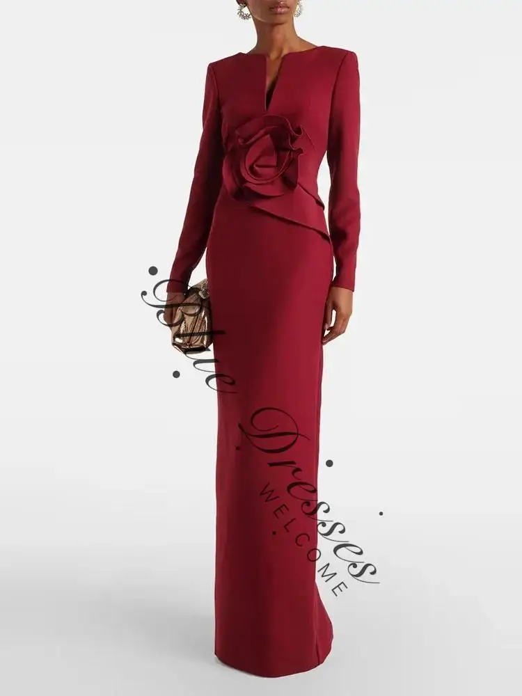 

customized Red V-Neck Evening Dresses 2025 Satin Long Sleeve Flowers Mermaid Split Floor-Length Pleated Wedding Party Dresses