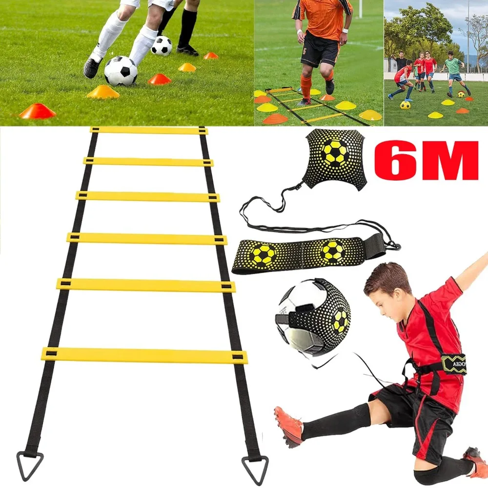 Échelle d'agilité et de vitesse pour l'entraînement sportif, kit d'entraînement de football pour la technique de jeu au sol (inclut des connecteurs triangulaires, 4 piquets de sol en forme de L, 6 cônes de marquage jaunes et 6 cônes de marquage orange, une bande d'entraînement au contrôle de la balle et un sac de rangement à cordon de serrage)