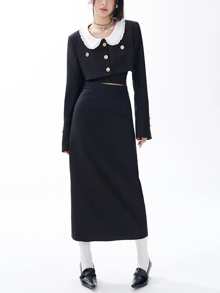 

France Vintage Elegant Three Piece Set Women Korean Style Sweet Midi Skirt Suit Female Black Retro Casual Split Skirt Set 2023
