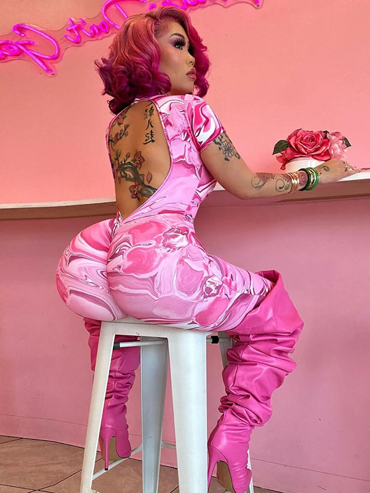 

Weird Puss Backless Jumpsuit Women Peach Buttocks Fitness Sporty Shorts Sleeve Summer Street Activity Casual Workout Overalls