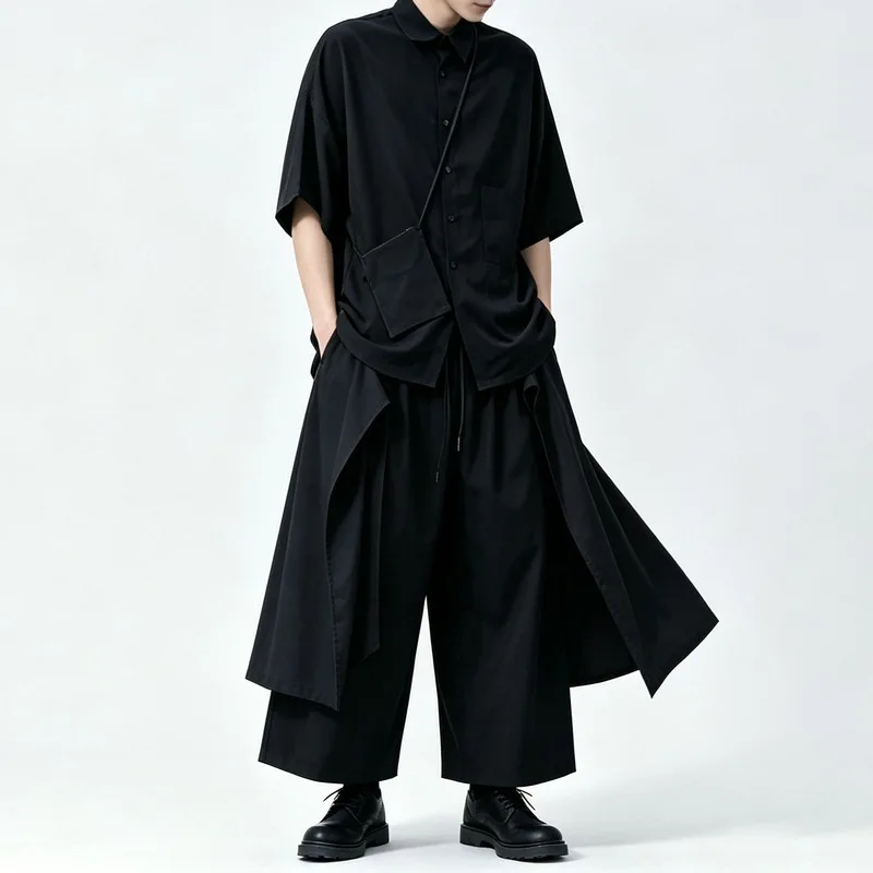 Men'S Casual Pants, Dark And Asymmetrical Design, Loose-Fitting Wide-Leg Trousers, Cropped Length, Style 6224