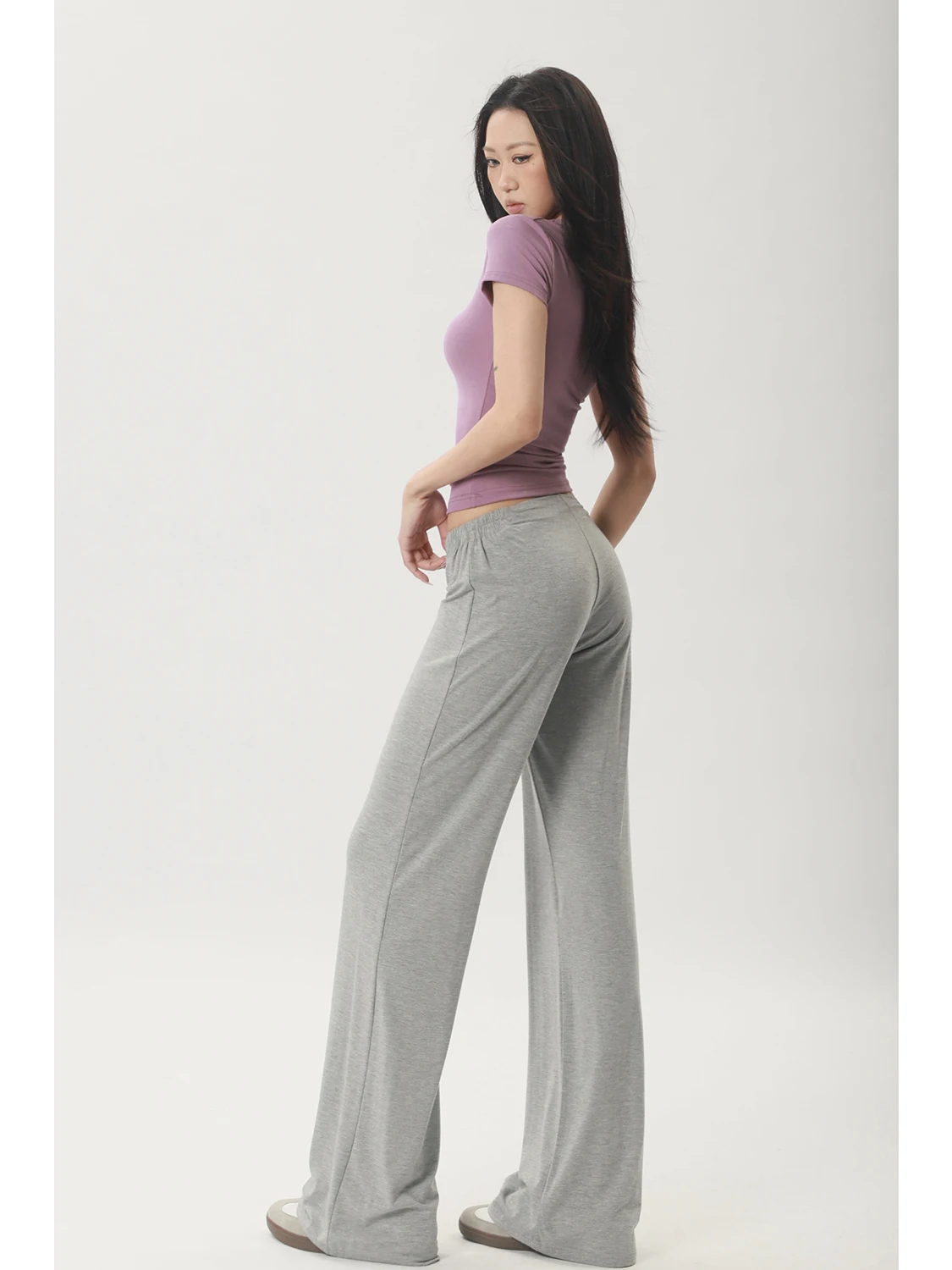 슬림 와이드 레그 팬츠 편안한 V 허리 지퍼 캐주얼 홈 요가 팬츠 여성용 봄 코튼 스트레이트 레그 바지