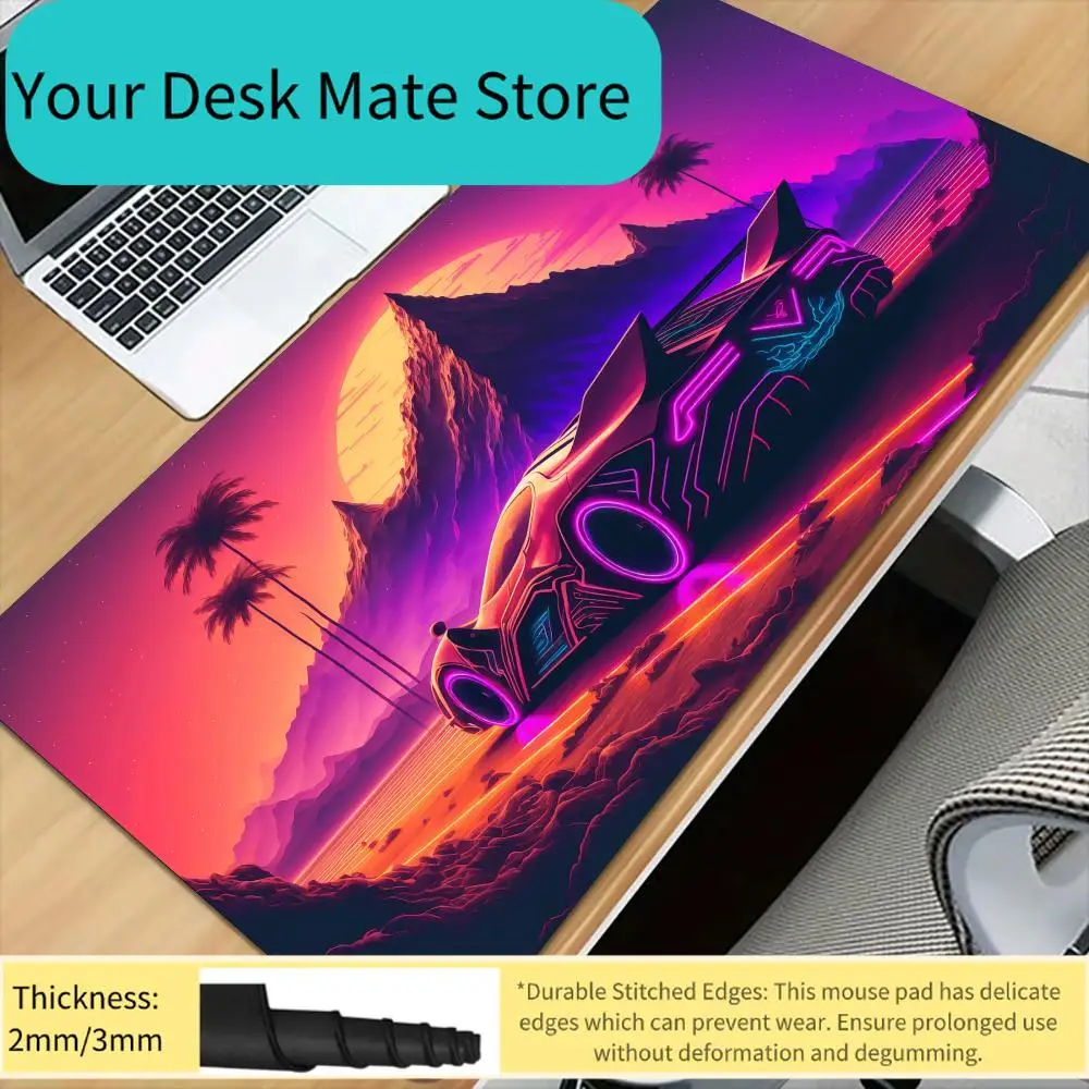 Large Extended Gaming Mouse Pad, Neon Cyberpunk Car in Desert Sunset, 2mm/3mm Thick, Durable Stitched Edges