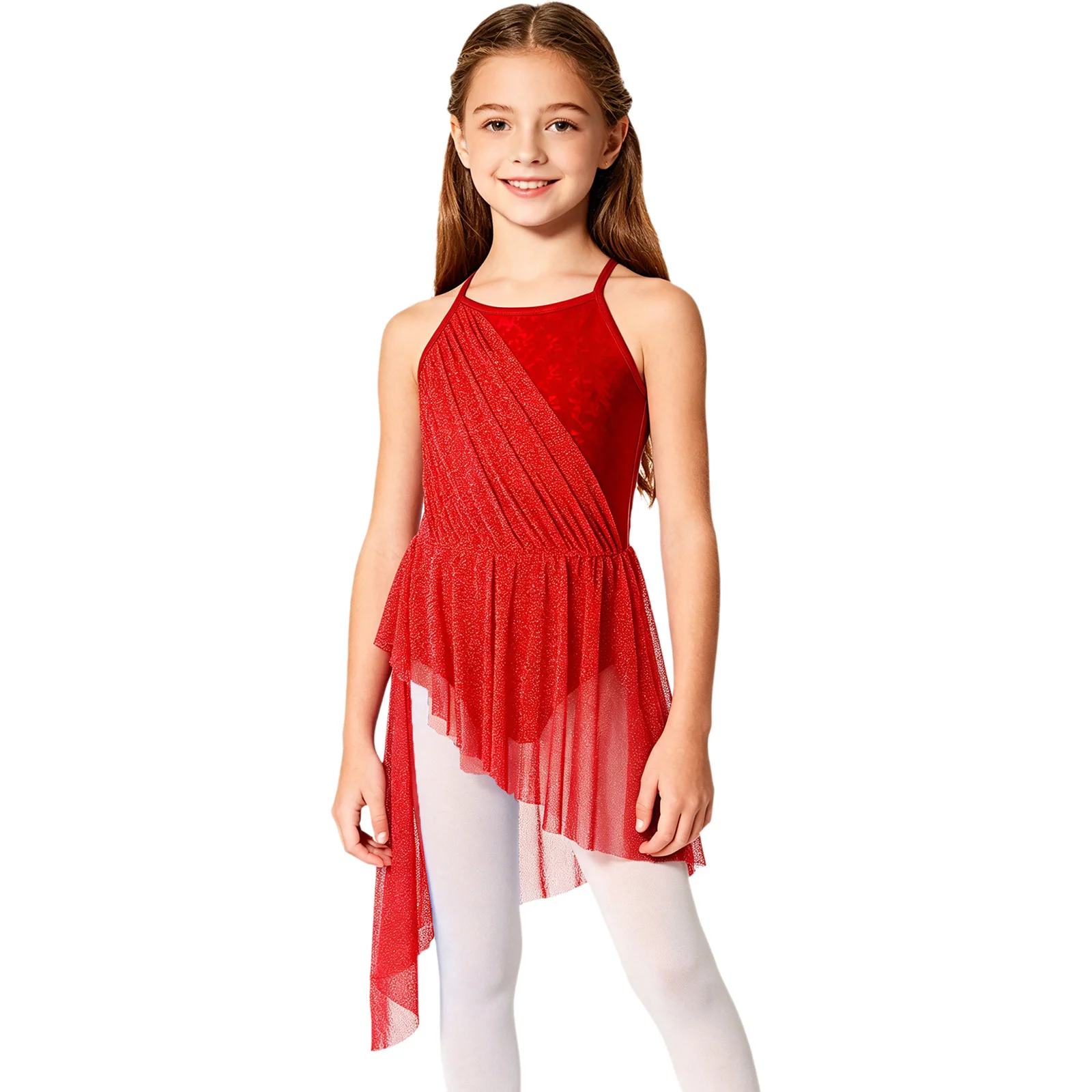 Kids Girls Lyrical Dance Dress Ballet Gymnastics Figure Skating Costume Spaghetti Straps Cross Back Shimmery Mesh Tutu Leotard