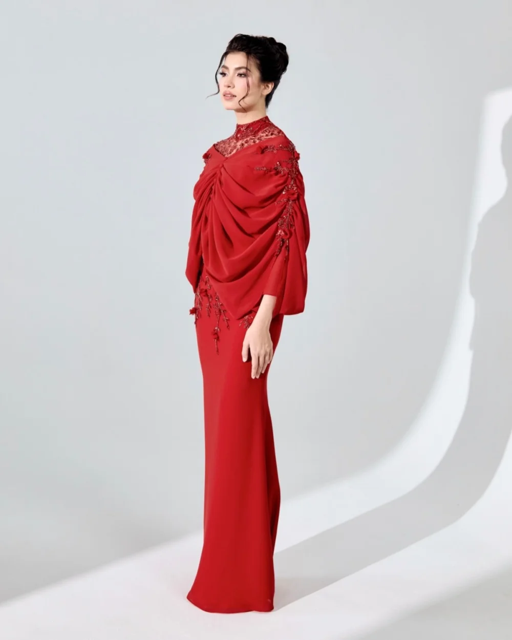 

Customized Fashion Women Jersey Rhinestone Handmade Flower Straight Evening Dresses Classic High Collar Long Sleeves Party Gowns