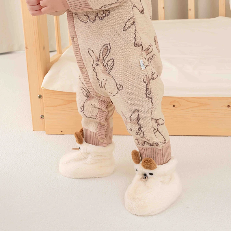 Baby Girl Boy Winter Shoes Cute Bear Fleece Soft Warm Shoes Anti-Slip Sock Shoes for Winter Fall