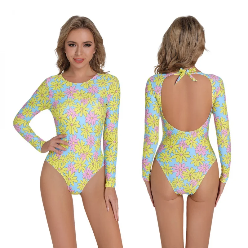 

One-Piece Swimsuit Sexy Backless Sports Long-Sleeved Swimsuit Printed Sunscreen Surfing Suit Swimsuit for Women