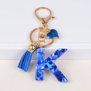 26 Carta Chave Fivela Pingente com Tassel Azul, Alloy Love Handbag, Iniciais Glitter Gradiente Resina, Chaveiro Encantos, Moda Feminina 8 principais vendas chaveiro de franja - №5