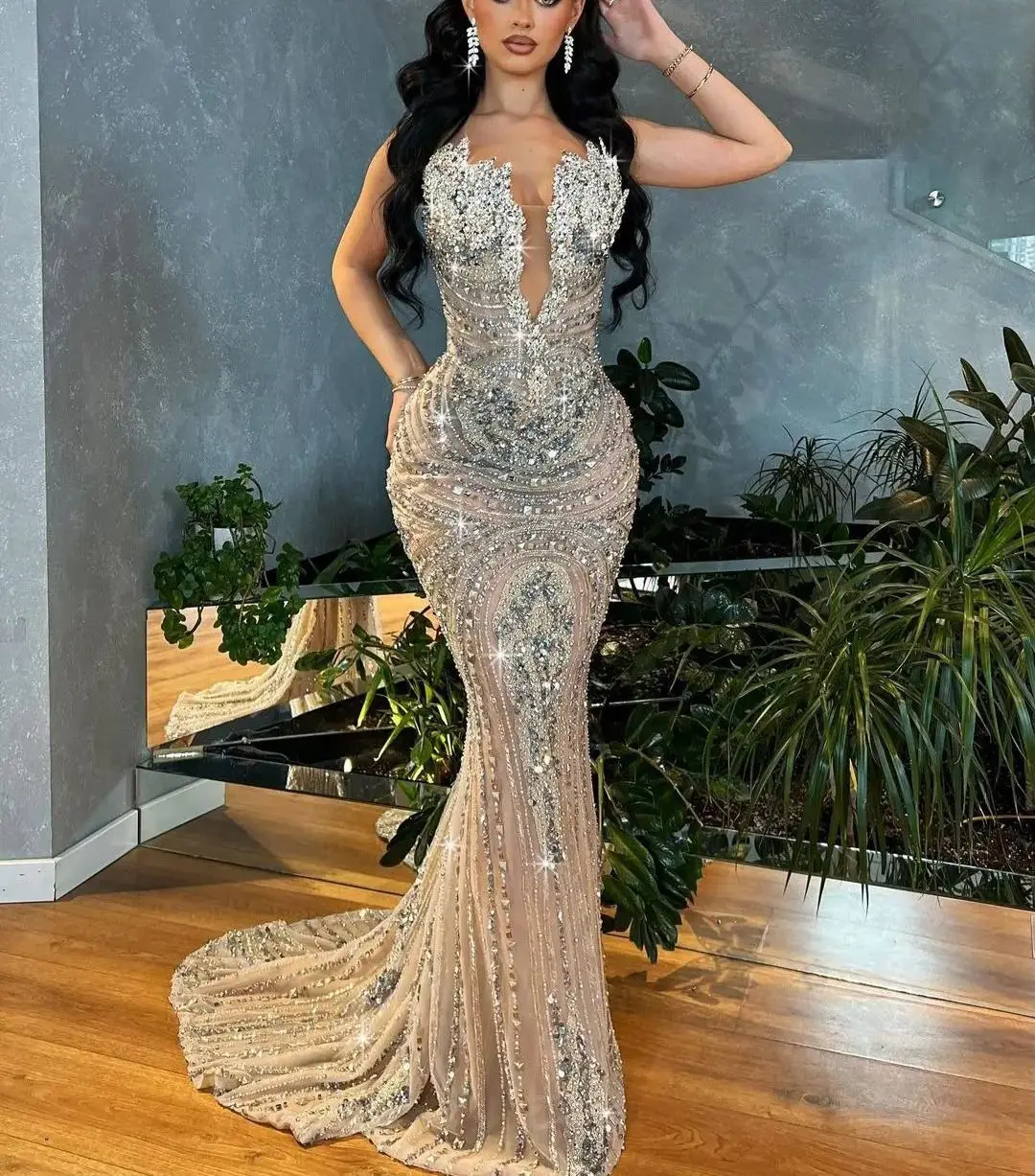 Shine Mermaid Evening Dresses Sleeveless V Neck Sequins Sexy Appliques 3D Lace Hollow Diamonds Beaded Prom Dresses Custom Made