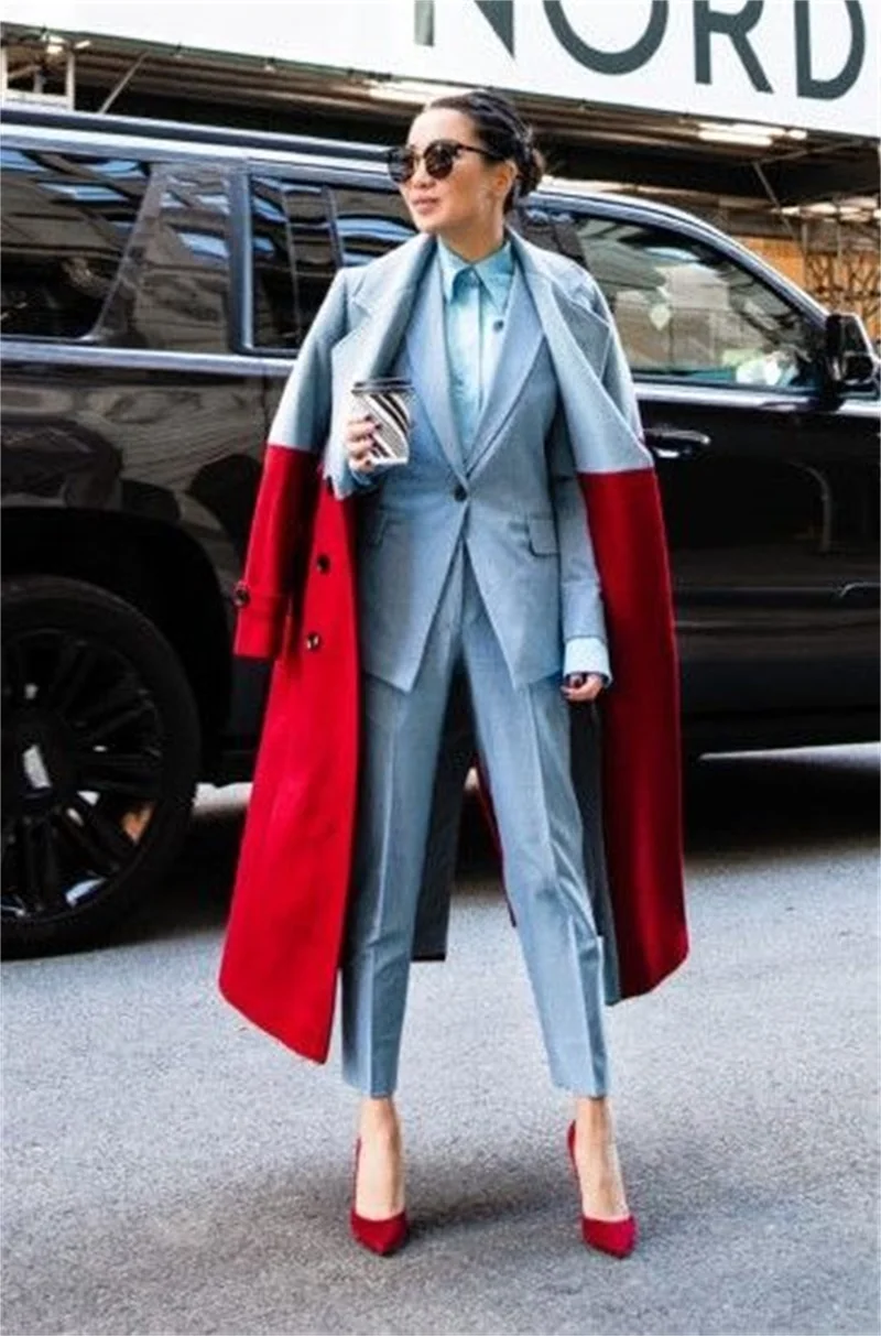 Designer Woolen Women Suit Blazer Tie Waist Long Overcoat Winter Thick Trench Coat Custom Made Splicing Color Jacket Prom Dress