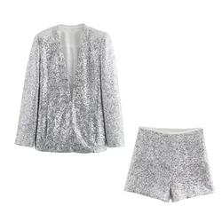 PB&ZA2024 Autumn New Women's Fashion Temperament Commuting Leisure Versatile V-neck sequin Decorative Suit High Waist Short Set