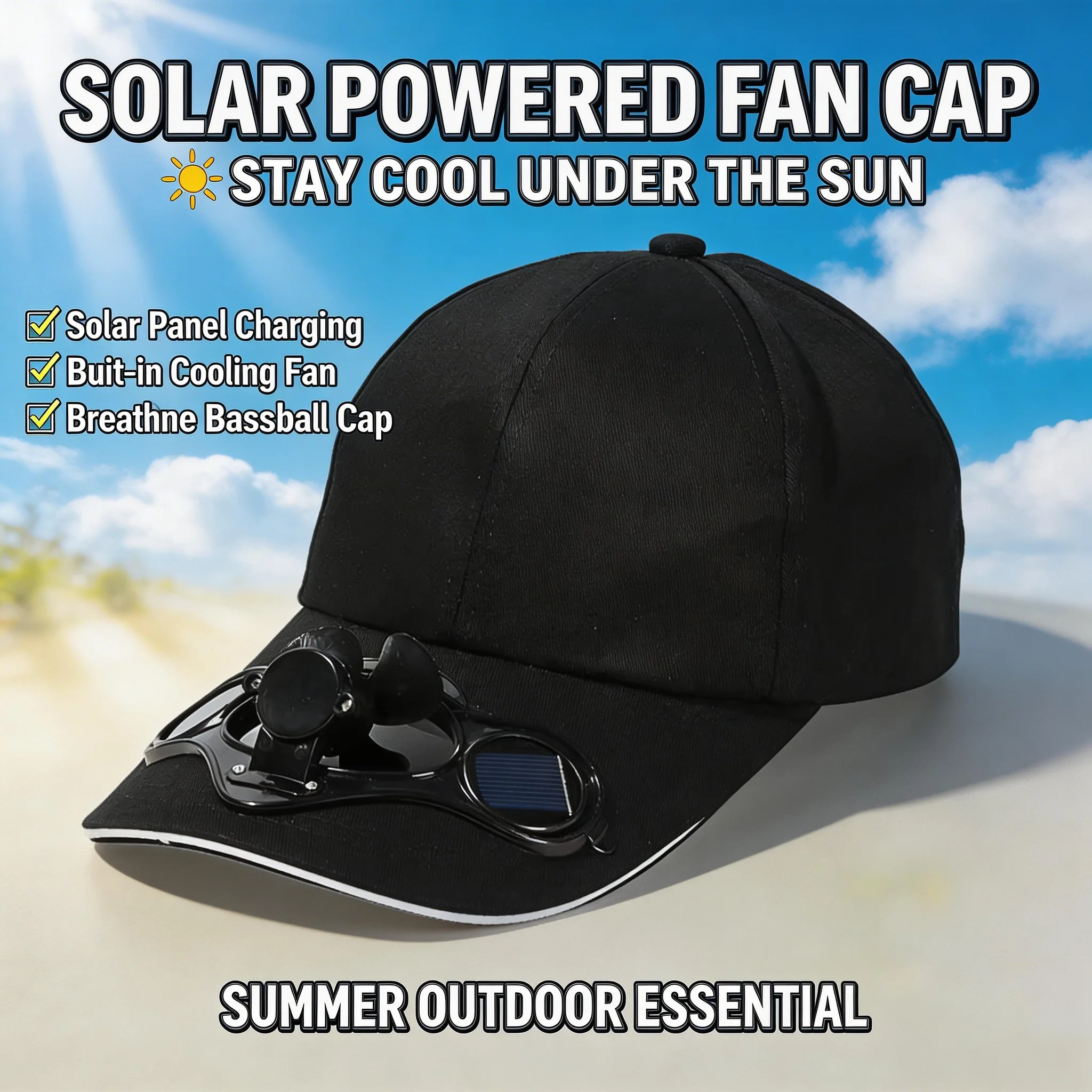Gorra con ventilador solar, protección UV, malla ligera, gorra de béisbol con ventilador de refrigeración para pesca, golf, viajes, deportes, artículo de verano, diseño de ala ancha
