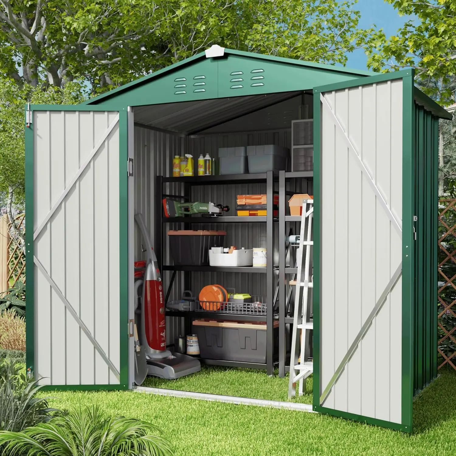 

6 x 4 FT Galvanized Metal Garden Shed with Double Lockable Doors, Outdoor Storage Clearance for Backyard Patio Lawn-Green