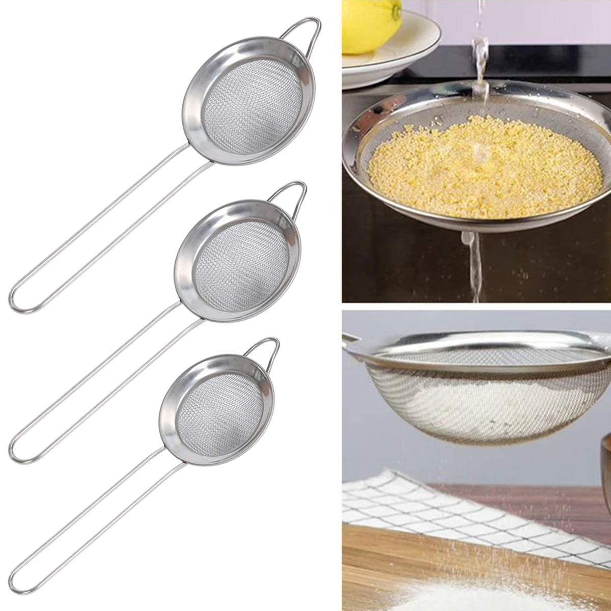 3 Pcs Diameter 7/8/10cm Kitchen Stainless Steel Flour Tea Strainer Mesh Colander Sieve Filter Sifter DIY Tools