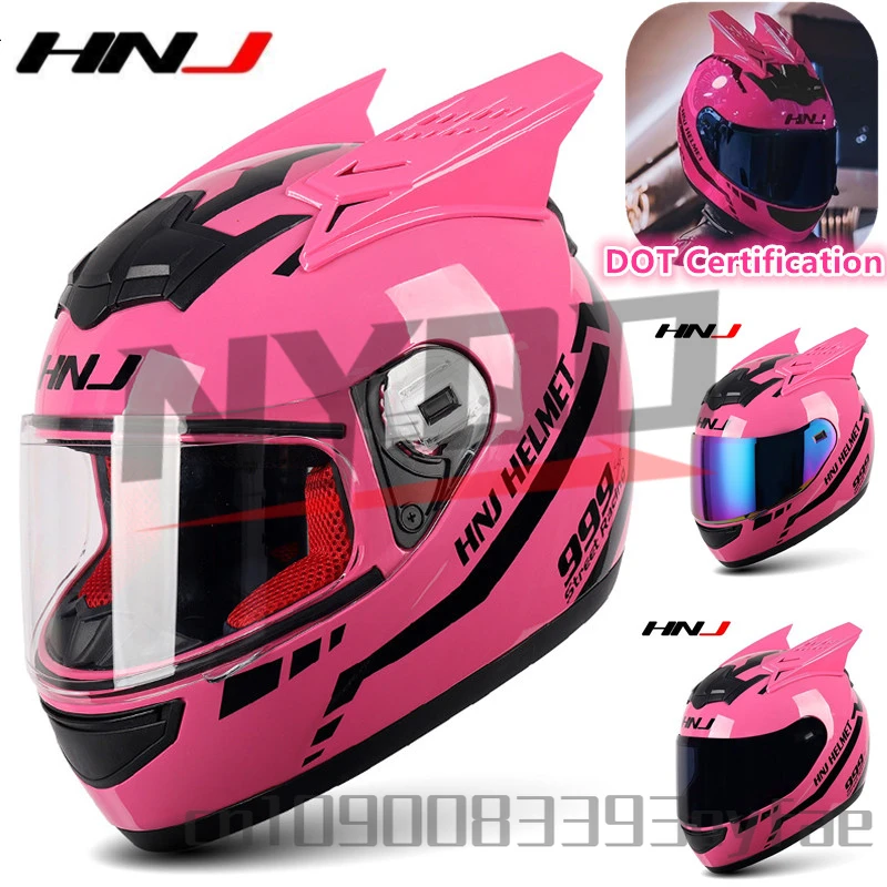 HNJ Motorcycle Helmet for Women and men Riding Personality Horn Pink  Full Face Helmet DOT Certification casco moto