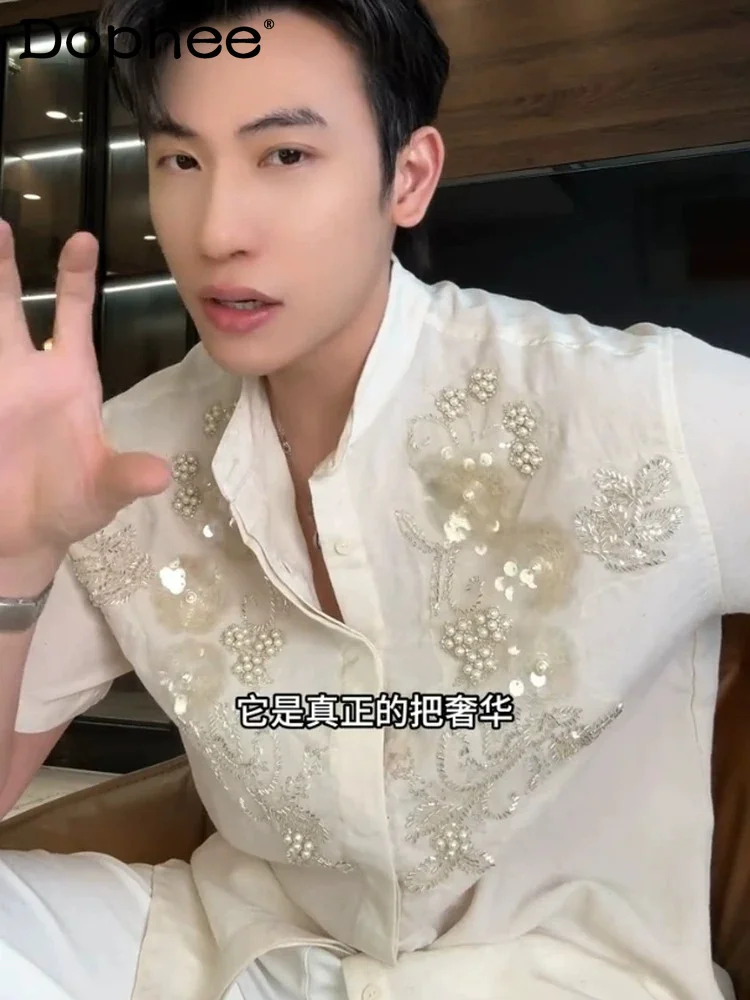 

Men's 2026 New Light Luxury Fashion Versatile Simple Shirts Sequined Beaded Floral Stylish Tops Stand Collar Short Sleeve Shirts